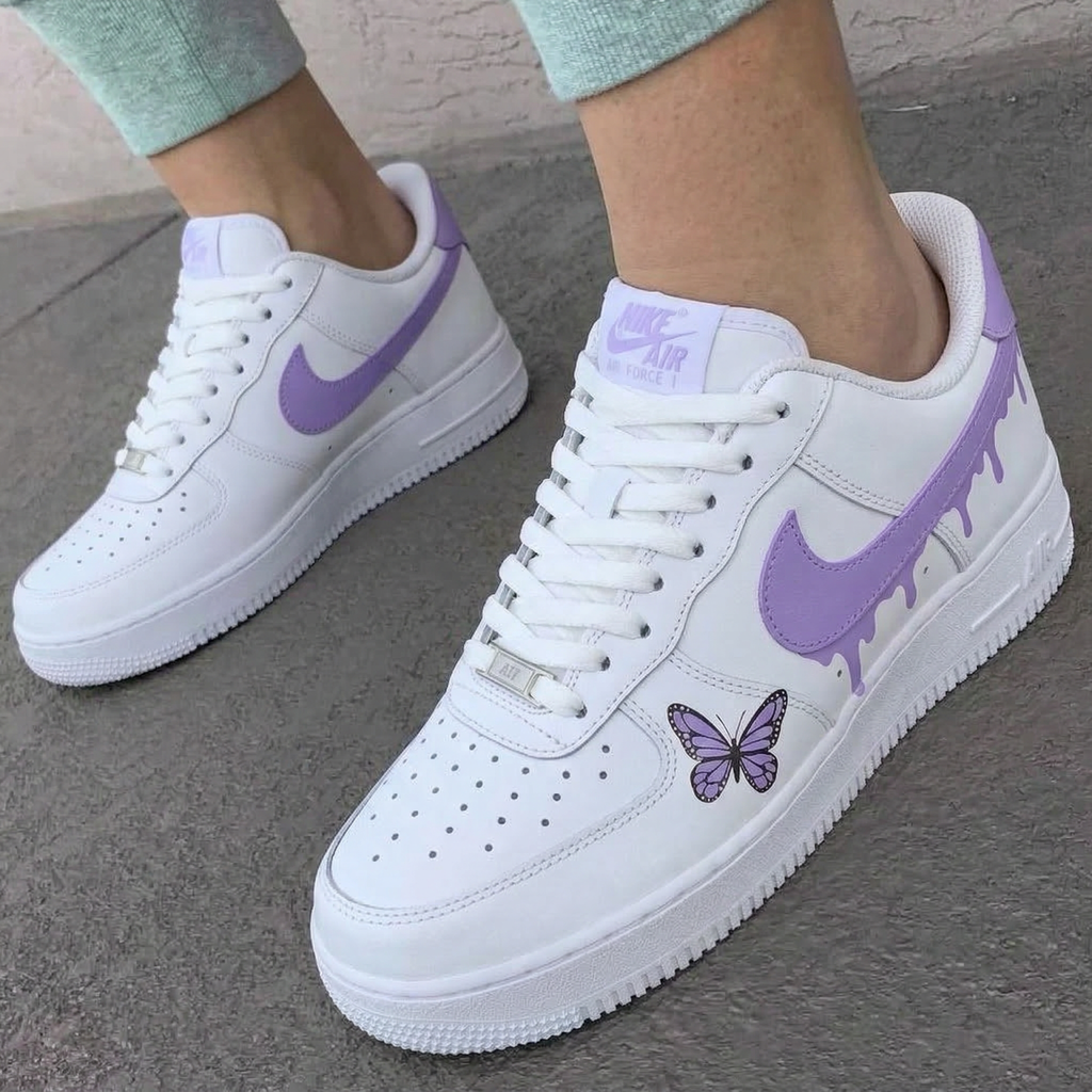 Custom AF 1s Shoes White Purple Drip Butterfly-oicustom