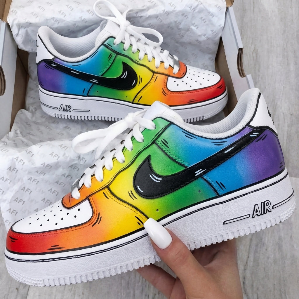 Custom AF 1s Shoes White Rainbow Cartoon Outline-oicustom