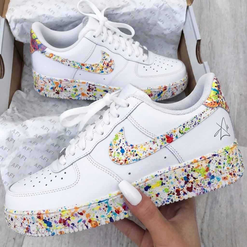 Custom AF 1s Shoes White Rainbow Paint Splatter-oicustom