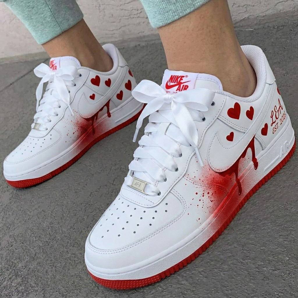 Custom AF 1s Shoes White Red Hearts Dripping Bow Laces-oicustom