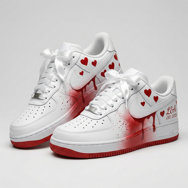 Custom AF 1s Shoes White Red Hearts Dripping Bow Laces-oicustom
