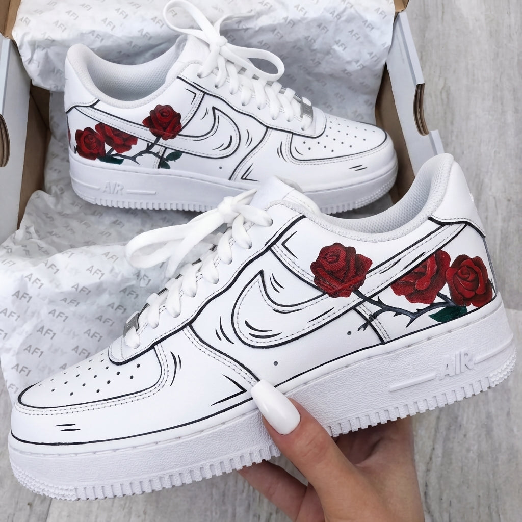 Custom AF 1s Shoes White Red Roses-oicustom