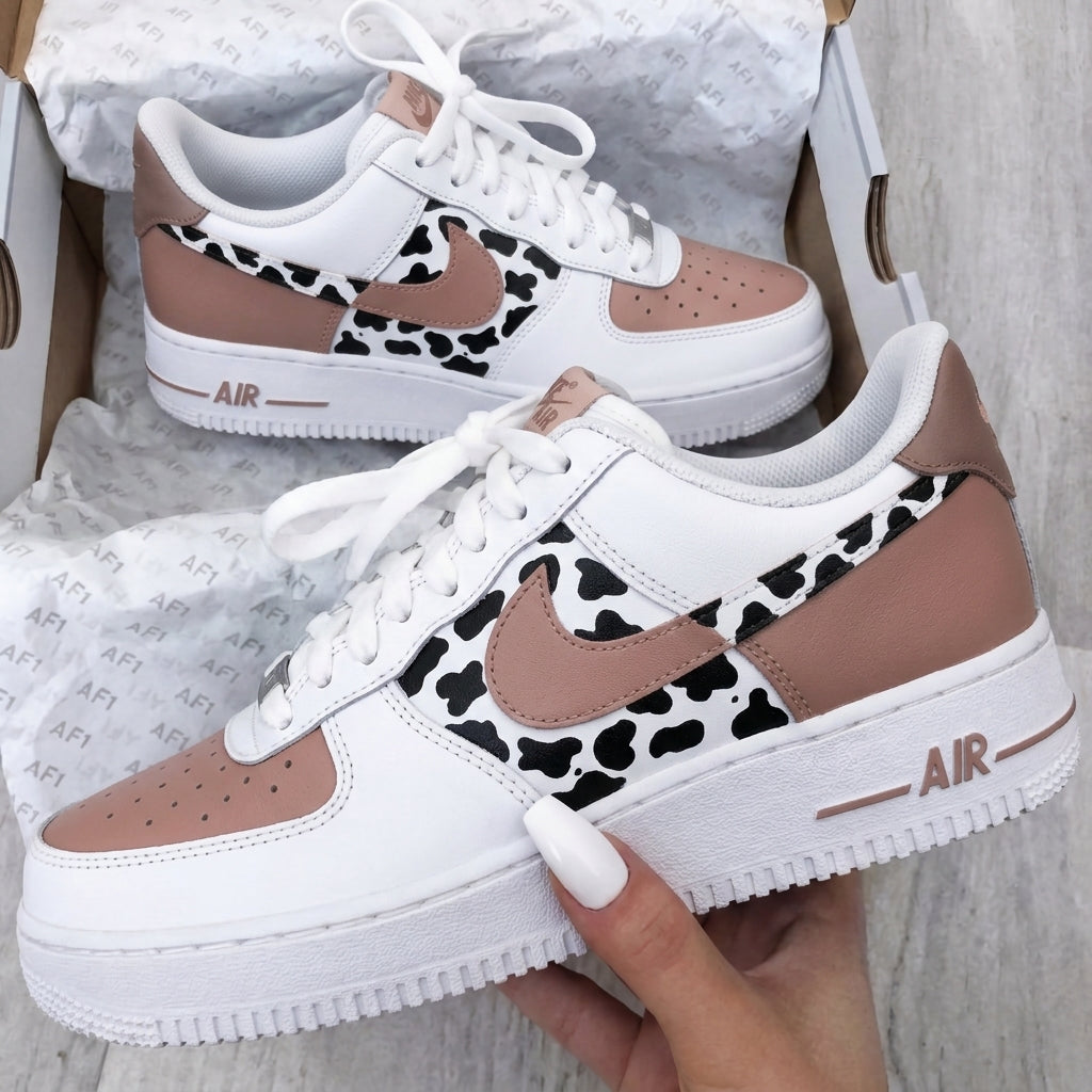 Custom AF 1s Shoes White Tan Cow Print-oicustom
