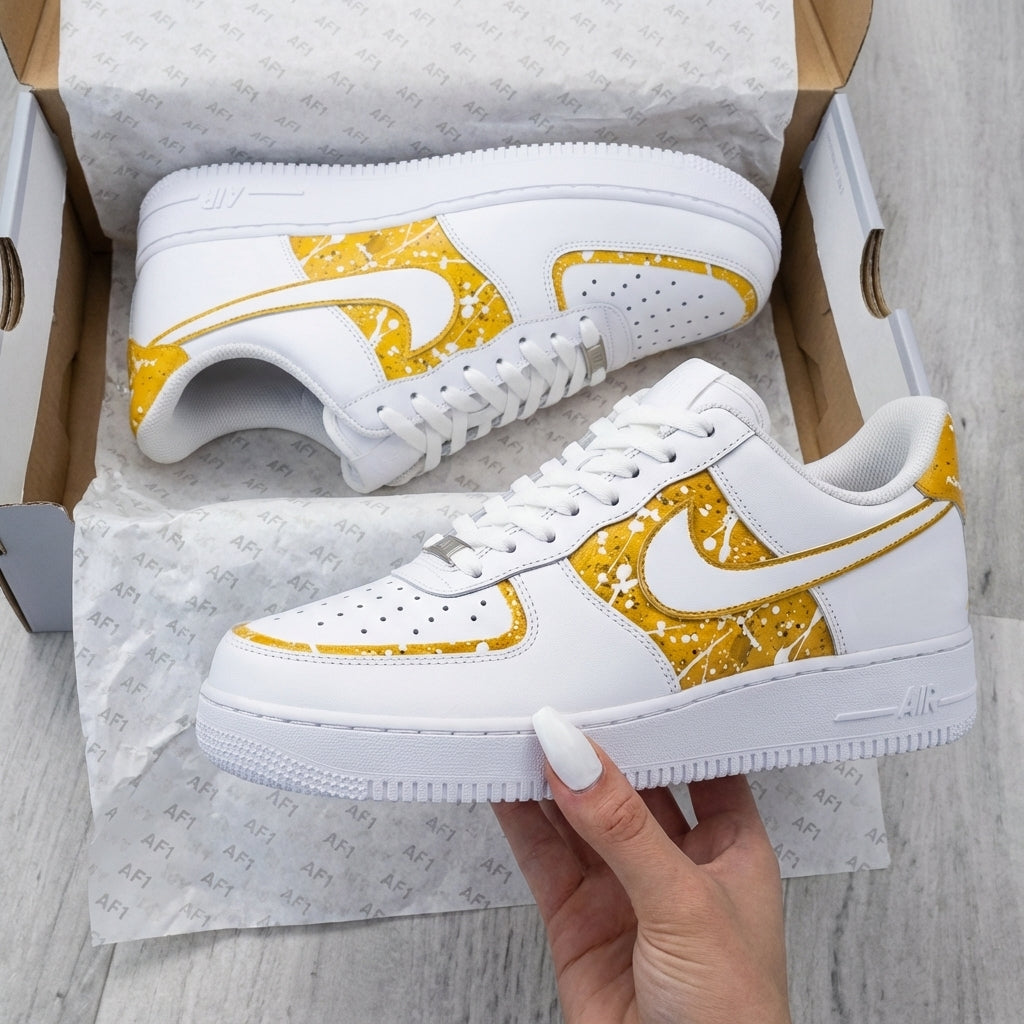Custom AF 1s Shoes White Yellow Splatter-oicustom
