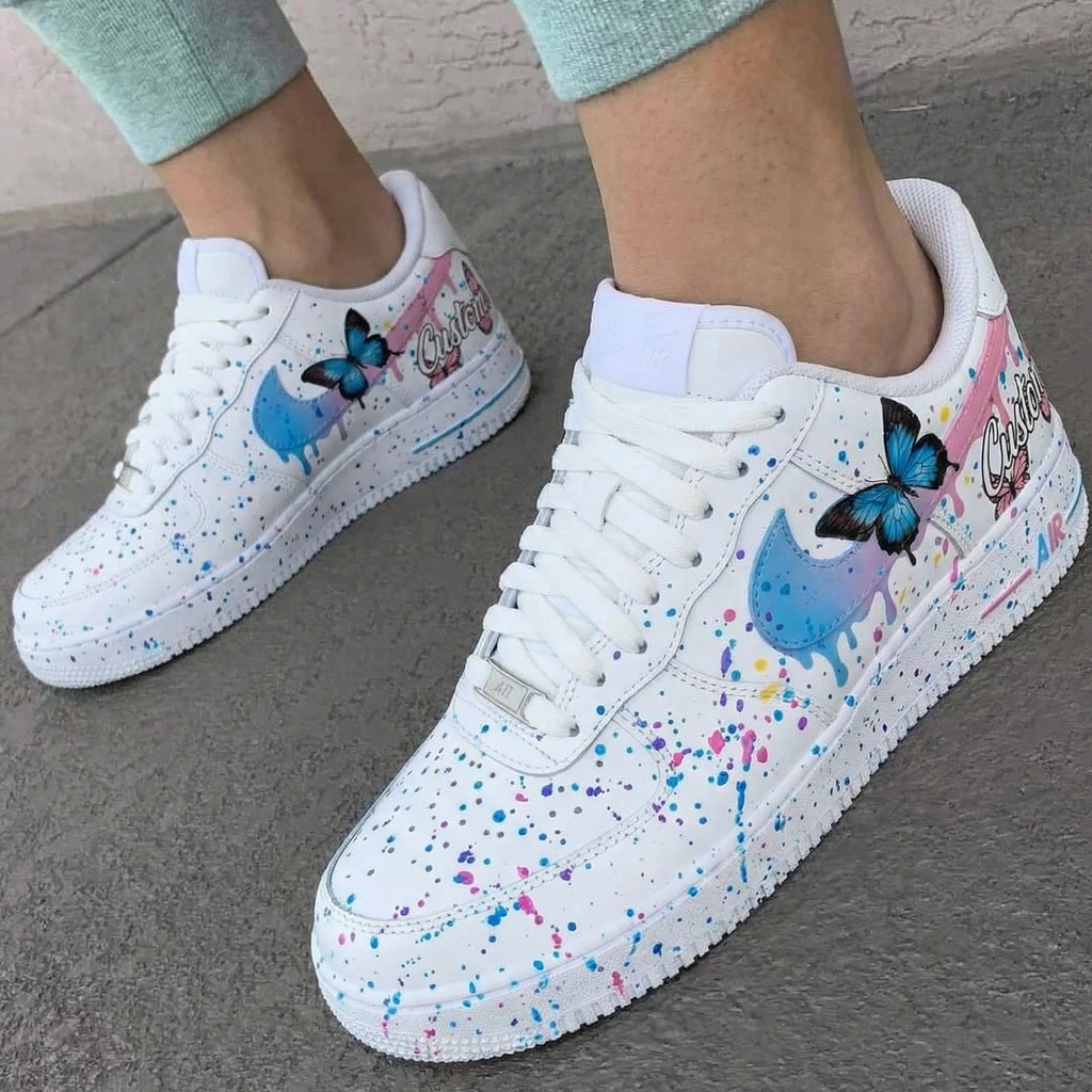 Custom AF 1s Shoes with Baby Blue Pink Butterflies and Splashes-oicustom