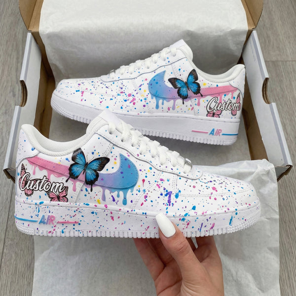 Custom AF 1s Shoes with Baby Blue Pink Butterflies and Splashes-oicustom