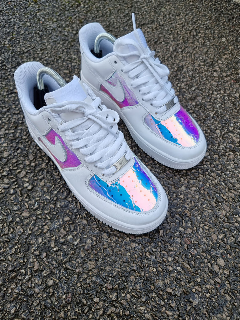 Custom AF 1s Shoes with Baby Pink and Blue Iridescent Design-oicustom