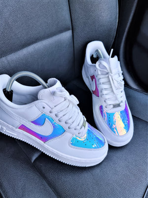 Custom AF 1s Shoes with Baby Pink and Blue Iridescent Design-oicustom