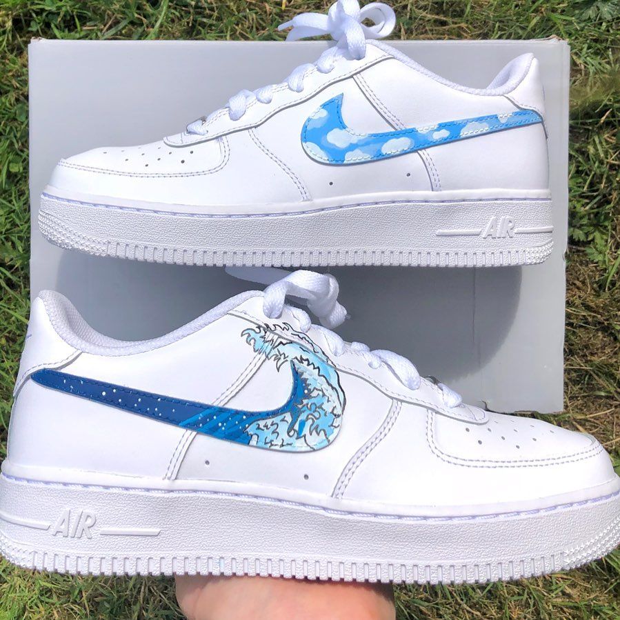 Custom AF 1s Shoes with Blue Clouds and Wave Pattern-oicustom