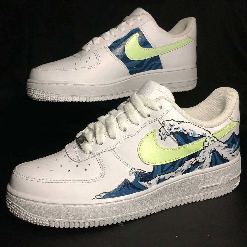 Custom AF 1s Shoes with Blue Green The Great Wave Pattern-oicustom