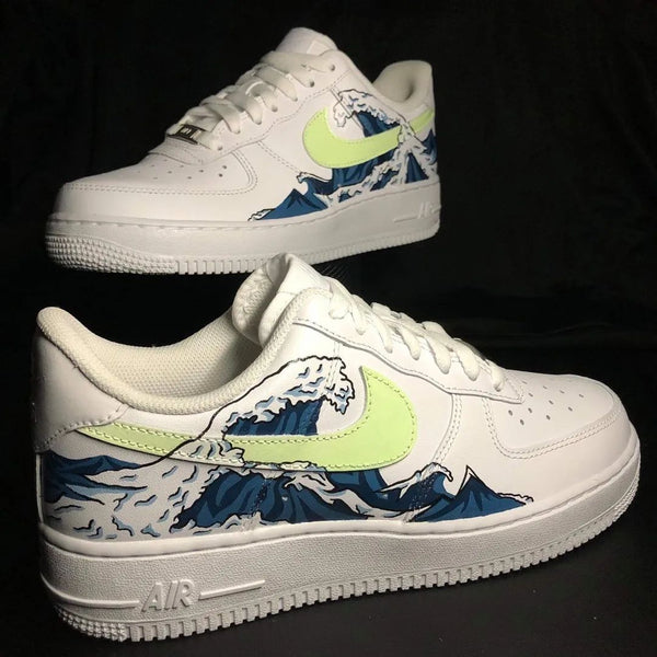 Custom AF 1s Shoes with Blue Green The Great Wave Pattern-oicustom