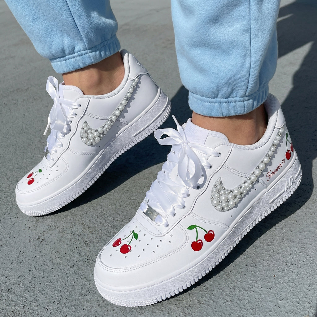 Custom AF 1s Shoes with Cherry Pearl Embellishments-oicustom