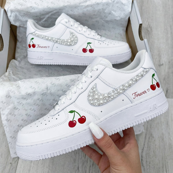 Custom AF 1s Shoes with Cherry Pearl Embellishments-oicustom