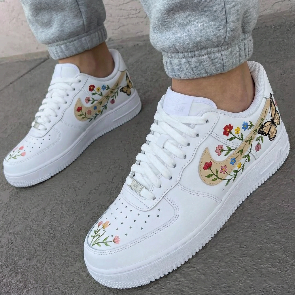 Custom AF 1s Shoes with Floral and Butterfly Design-oicustom