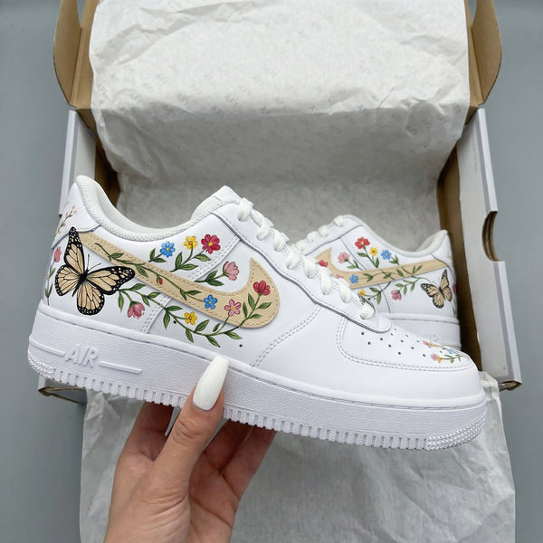 Custom AF 1s Shoes with Floral and Butterfly Design-oicustom