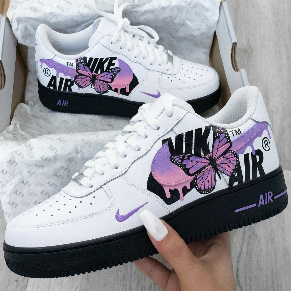 Custom AF 1s Shoes with Gothic Black Purple Butterfly-oicustom
