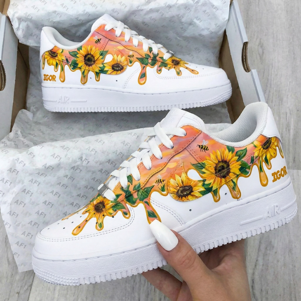 Custom AF 1s Shoes with Orange Sunflower and Bee Pattern-oicustom