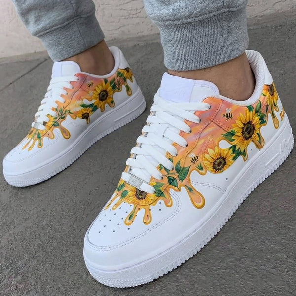 Custom AF 1s Shoes with Orange Sunflower and Bee Pattern-oicustom