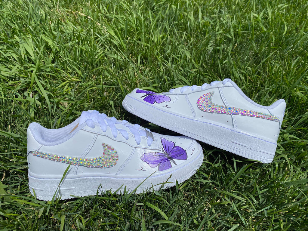 Custom AF 1s Shoes with Purple Butterflies and Glittery Swoosh-oicustom