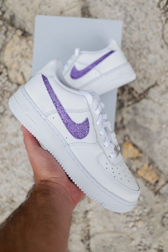 Custom AF 1s Shoes with Purple Glitter Swoosh-oicustom