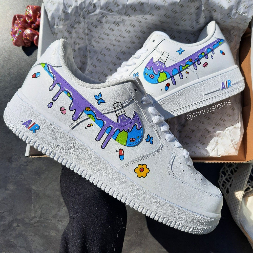 Custom AF 1s Shoes with Purple Green Cartoon Pattern and Butterflies-oicustom