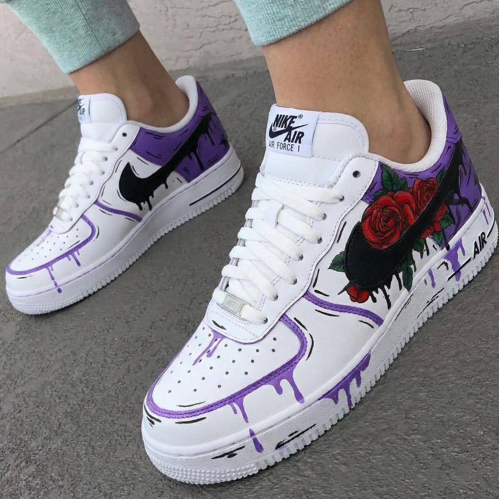 Custom AF 1s Shoes with Purple Red Roses and Drip Design-oicustom