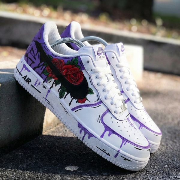 Custom AF 1s Shoes with Purple Red Roses and Drip Design-oicustom