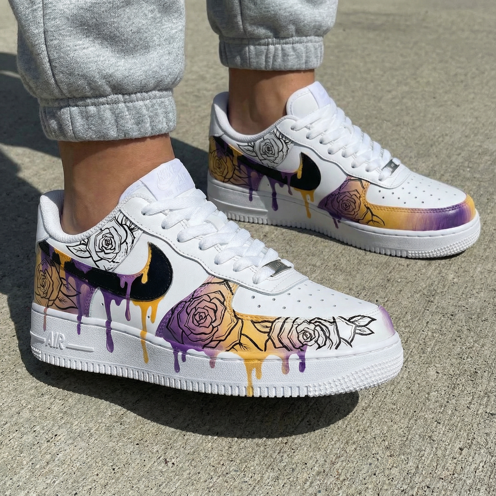 Custom AF 1s Shoes with Purple Yellow Rose Pattern-oicustom