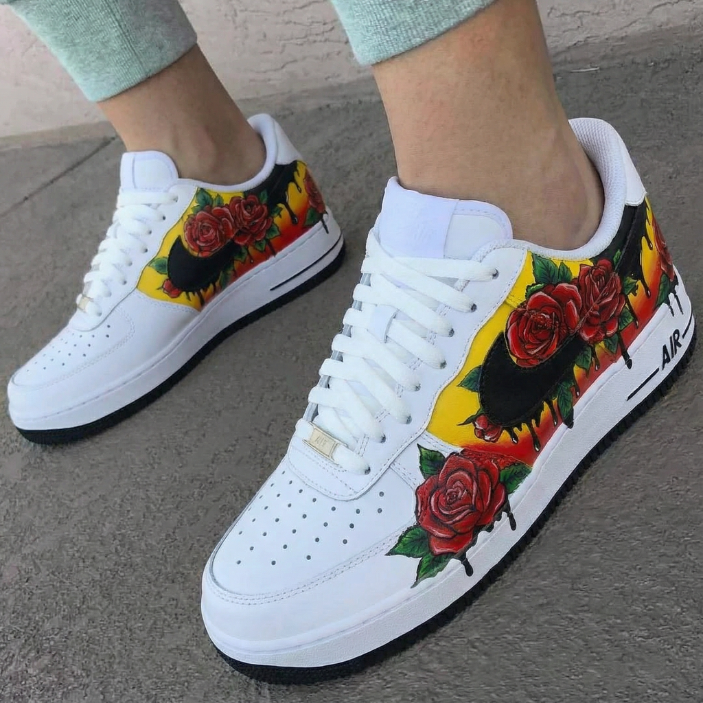 Custom AF 1s Shoes with Yellow Red Rose Pattern-oicustom