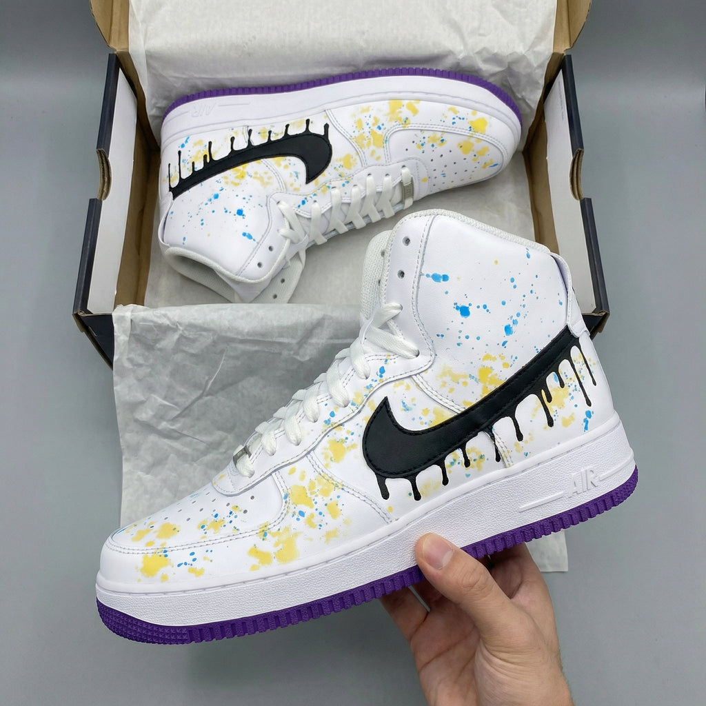 Custom AF 1s Shoes Yellow Blue Drip Design Purple Outsole-oicustom