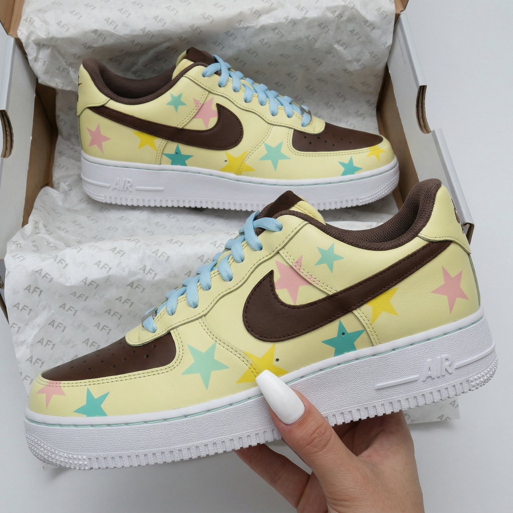 Custom AF 1s Shoes Yellow Brown Blue Laces Colorful Stars-oicustom