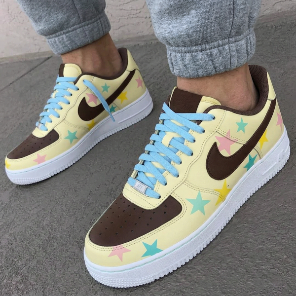 Custom AF 1s Shoes Yellow Brown Blue Laces Colorful Stars-oicustom