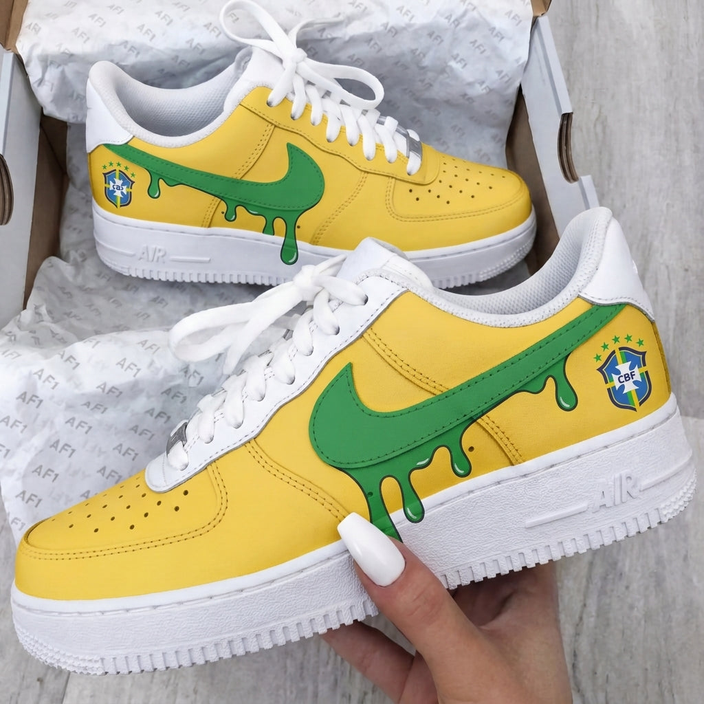 Custom AF 1s Shoes Yellow Green Brazil CBF Dripping Swoosh-oicustom