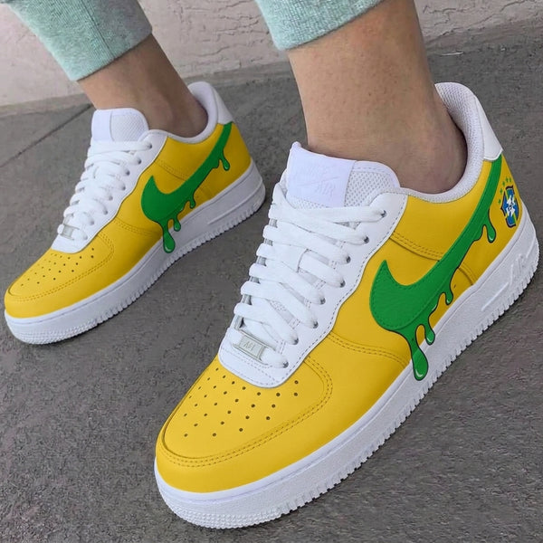 Custom AF 1s Shoes Yellow Green Brazil CBF Dripping Swoosh-oicustom