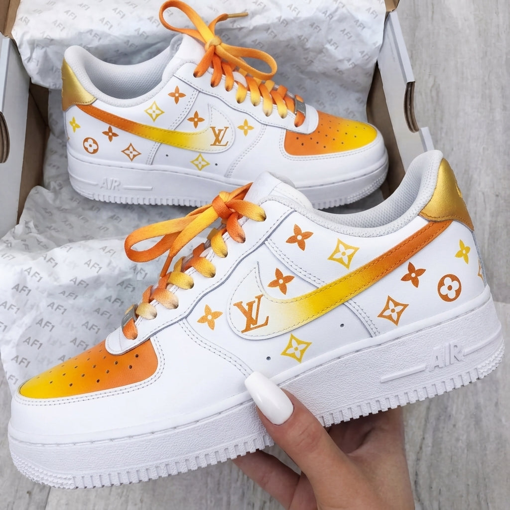Custom AF 1s Shoes Yellow Orange LV Patterns-oicustom