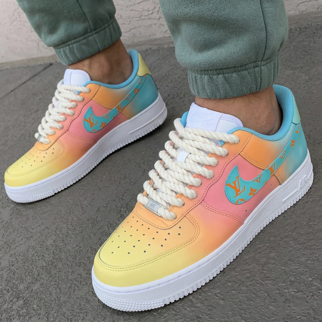 Custom AF 1s Shoes Yellow Pink Baby Blue LV Logo-oicustom