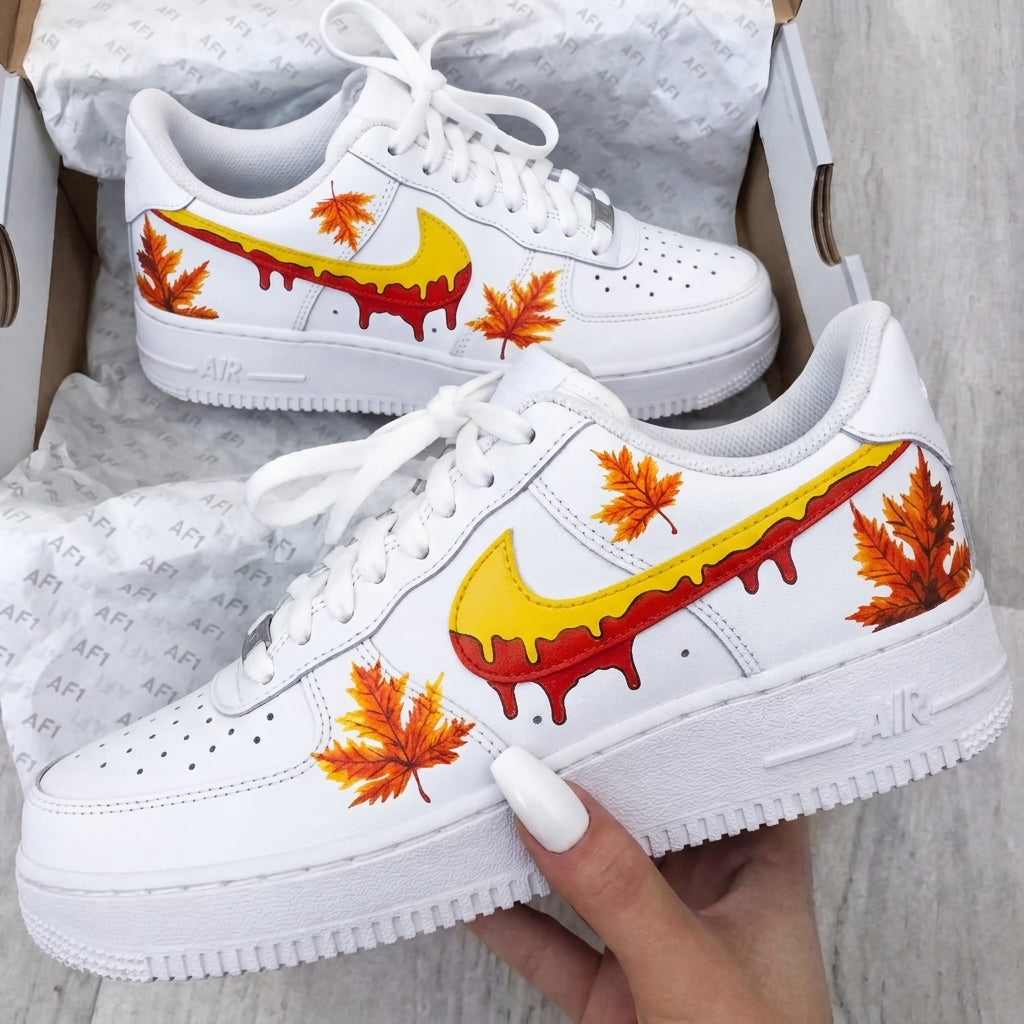 Custom AF 1s Shoes Yellow Red Maple Leaves Dripping-oicustom