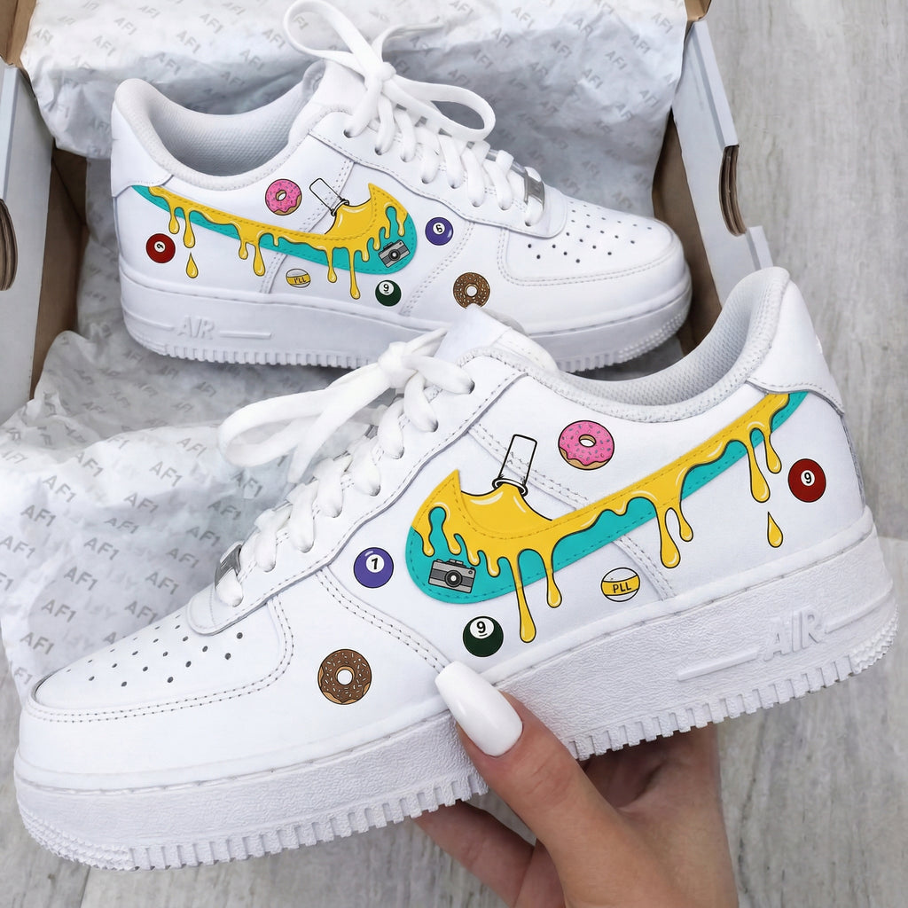 Custom AF 1s Shoes Yellow Turquoise Dripping Paint Donuts Billiards Balls Camera-oicustom