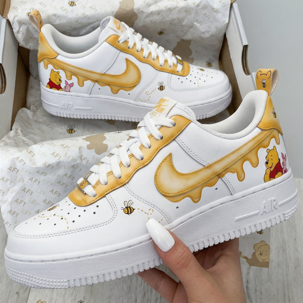 Custom AF 1s Shoes Yellow Winnie The Pooh Piglet Bees Honey Drip-oicustom