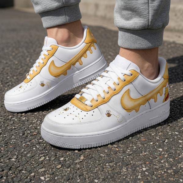 Custom AF 1s Shoes Yellow Winnie The Pooh Piglet Bees Honey Drip-oicustom
