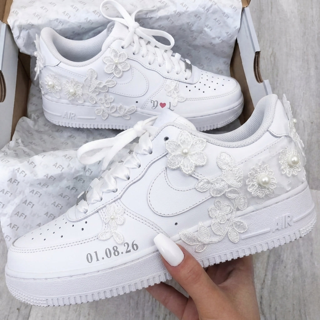 Custom AF 1s Weeding Shoes Lace Flowers Pearls-oicustom