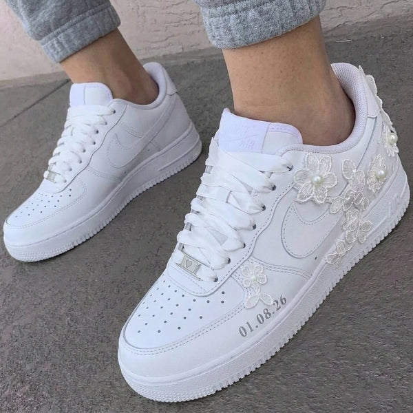 Custom AF 1s Weeding Shoes Lace Flowers Pearls-oicustom