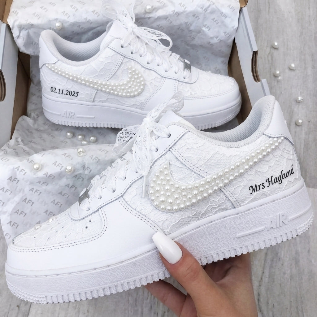 Custom AF 1s Weeding Shoes Lace Pearl Embroidered-oicustom