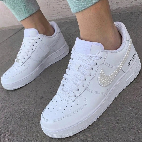 Custom AF 1s Weeding Shoes Lace Pearl Embroidered-oicustom