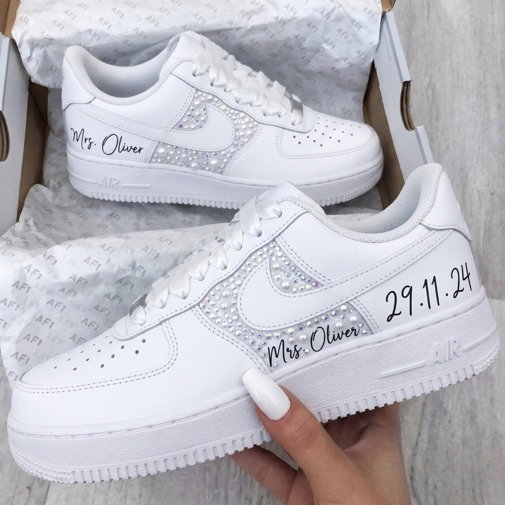 Custom AF 1s Weeding Shoes Rhinestones Pearls Personalized-oicustom