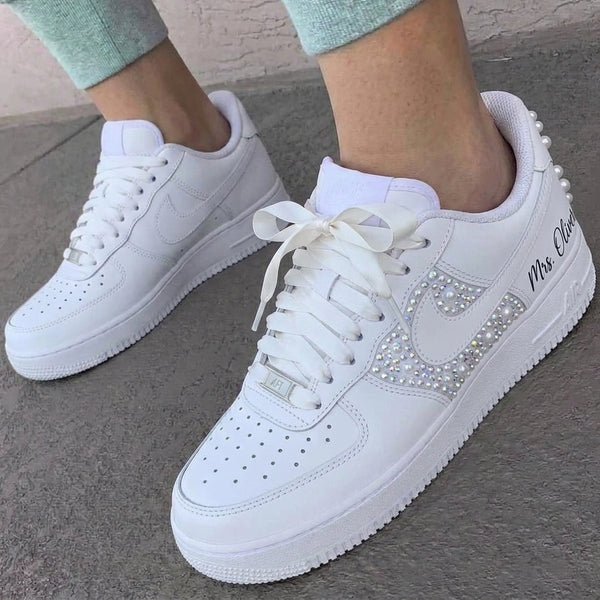 Custom AF 1s Weeding Shoes Rhinestones Pearls Personalized-oicustom