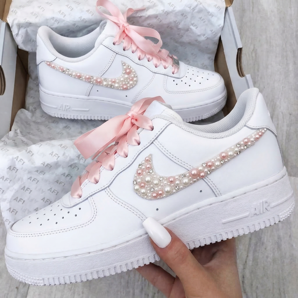 Custom AF 1s Weeding Shoes White Baby Pink Pearls Rhinestones Pink Laces-oicustom