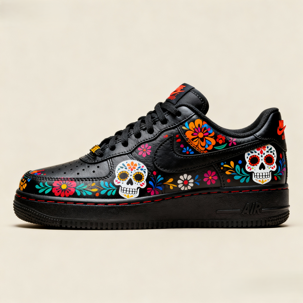 Custom Air Force 1 Black Floral And Sugar - Skull Pattern-oicustom