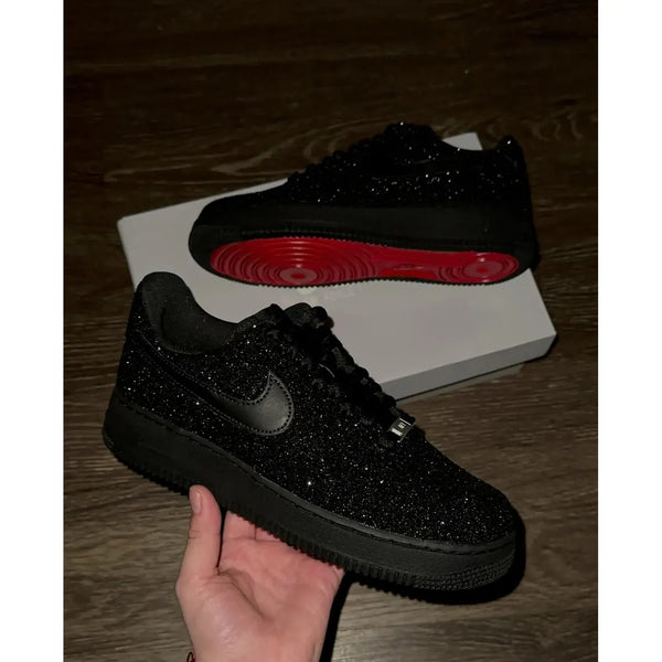 Custom Air Force 1 Black Glitter With Red Sole-oicustom