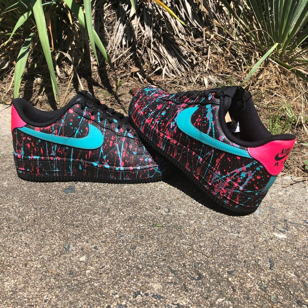 Custom Air Force 1 Black Pink Teal Splatter Pattern-oicustom